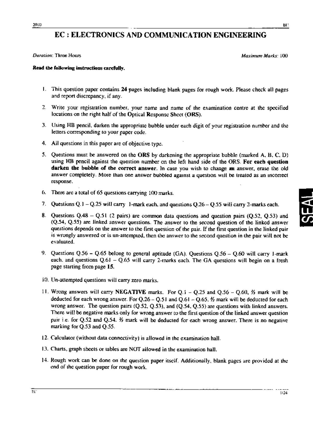 Gate EC-2010: Electronics Communication Engineering Questions - Studocu