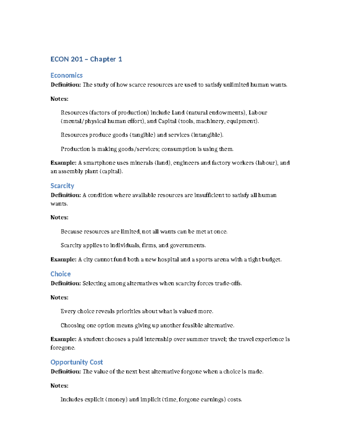 ECON 201 Chapter 1: Key Concepts in Economics and Scarcity - Studocu