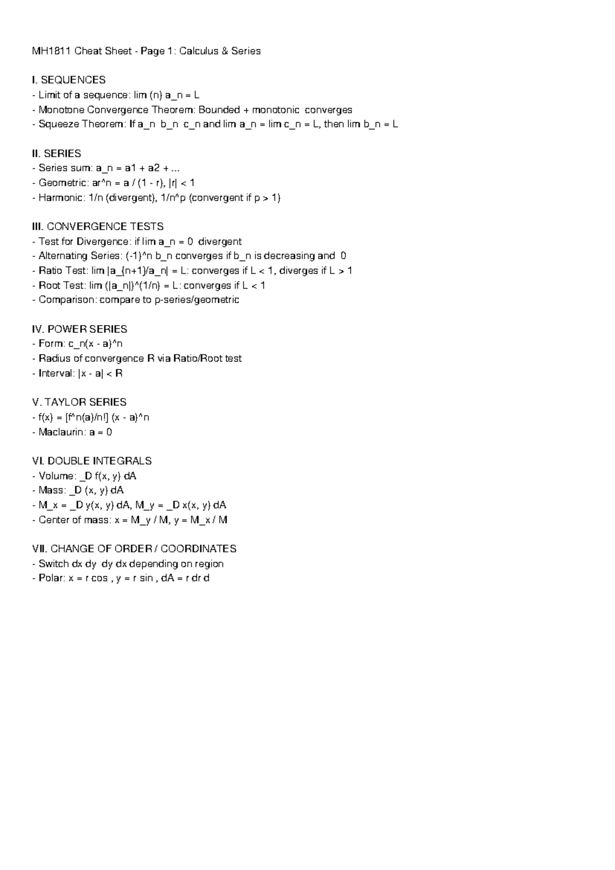 MH1811 Cheat Sheet: Key Concepts in Calculus Series I - Studocu
