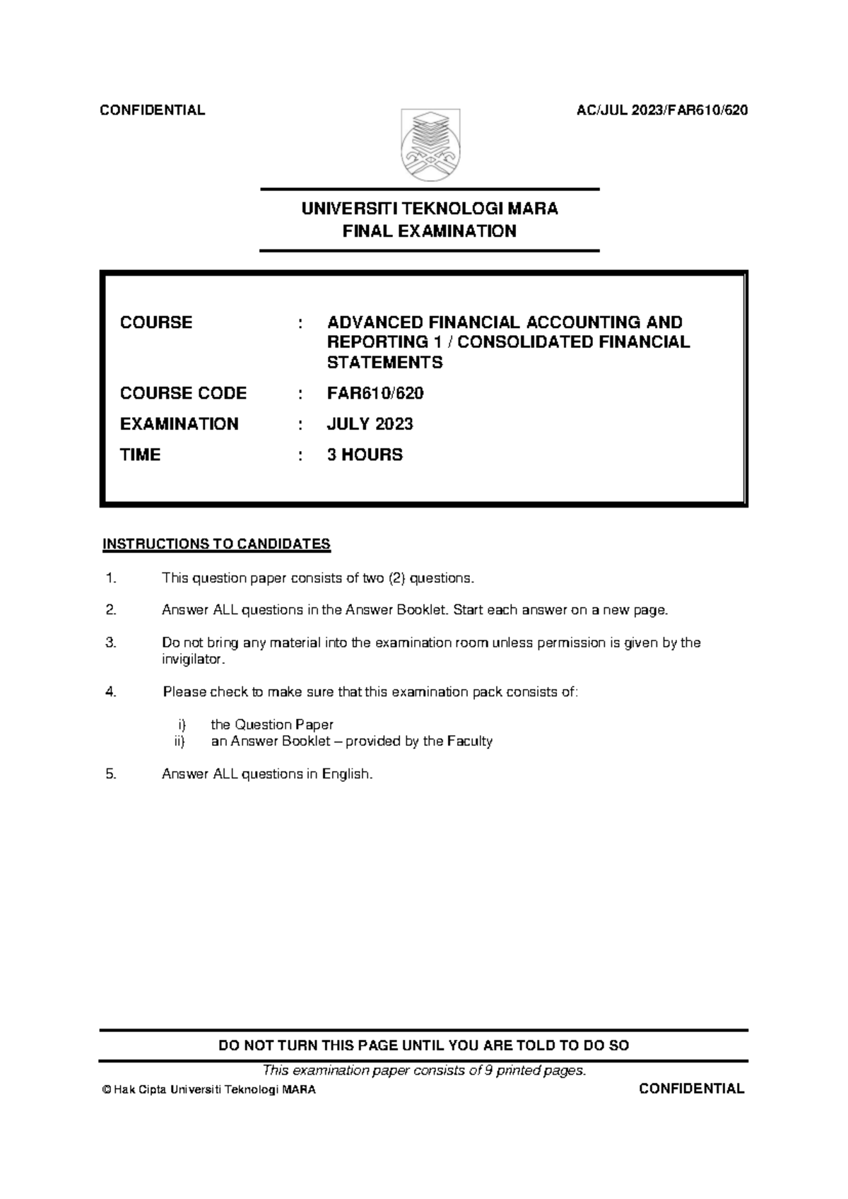 FAR610 FINAL EXAMINATION JULY 2023: ADVANCED FINANCIAL ACCOUNTING - Document Preview