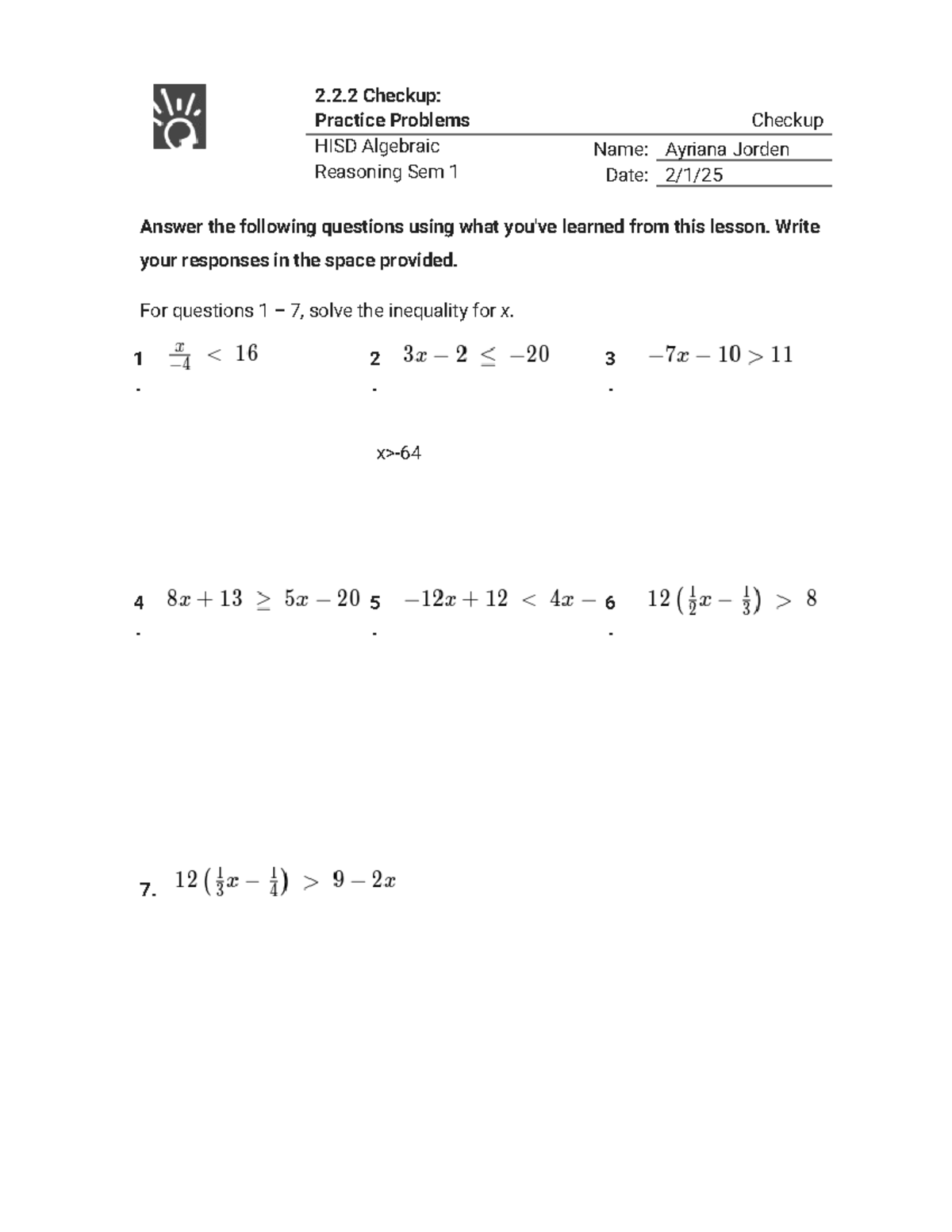 HISD Algebraic Reasoning Sem 1 Checkup - Practice Problems 2.2 - Studocu