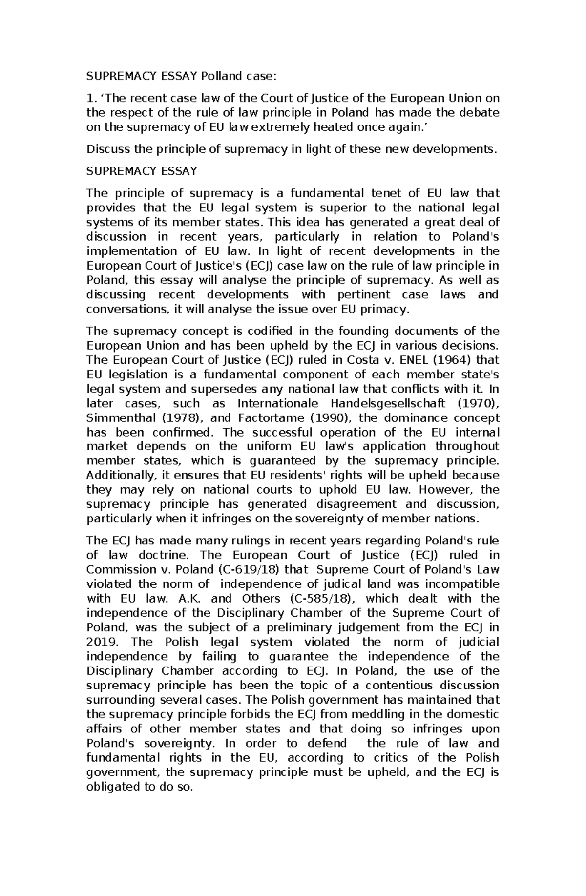 EU Law Supremacy and Poland: Analysis of Recent ECJ Developments - Studocu