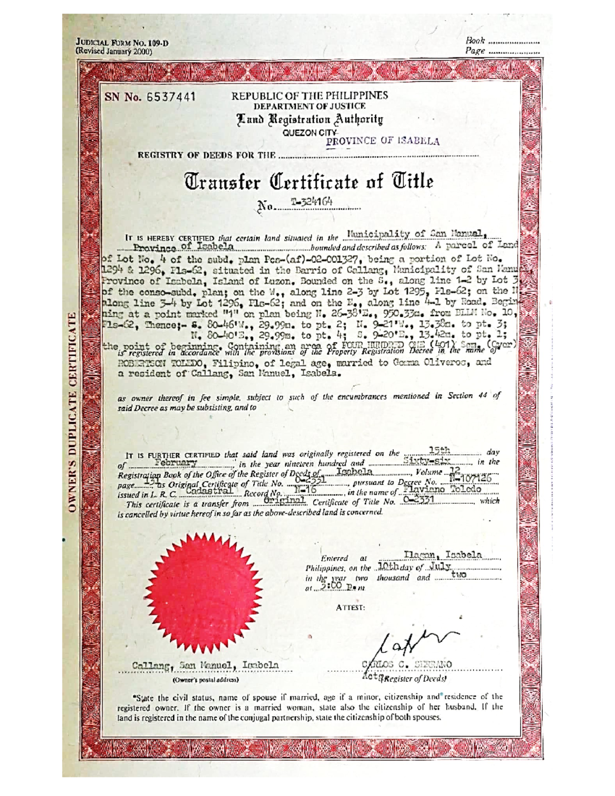 Transfer Certificate of Title No. Details - Isabela Region Document ...
