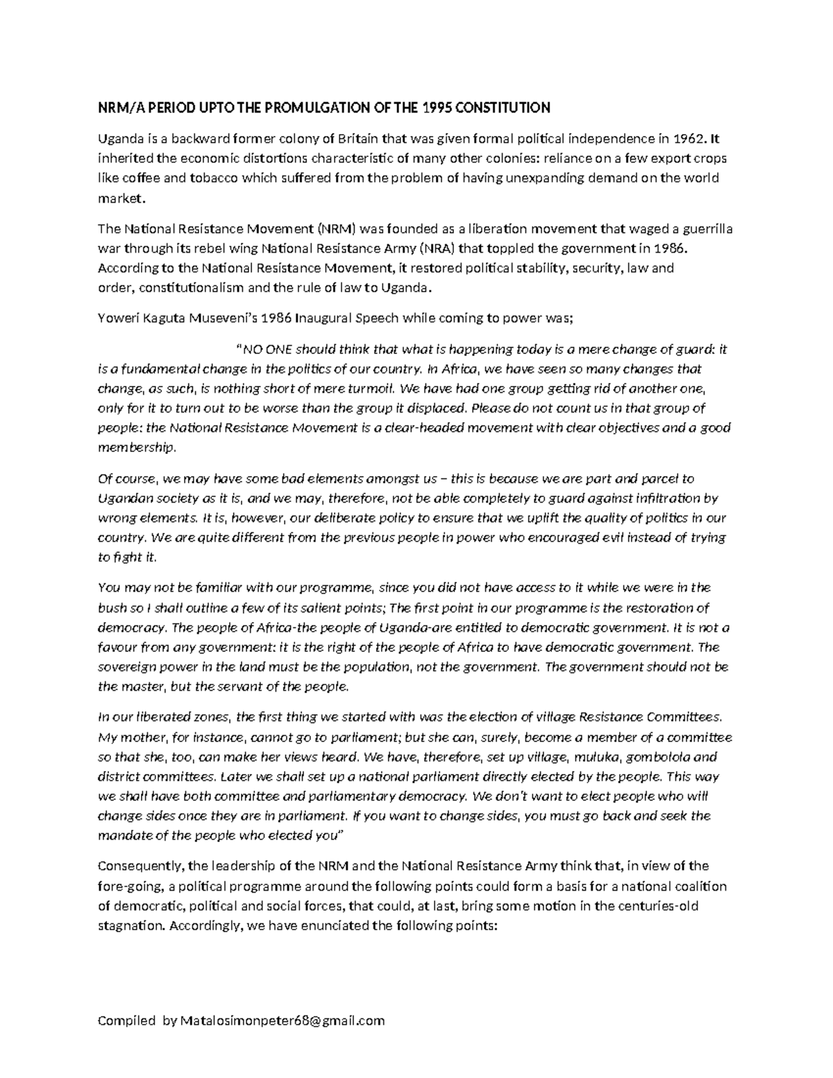 NRM Ten Point Program: Constitutional Development in Uganda (1986-1995 ...