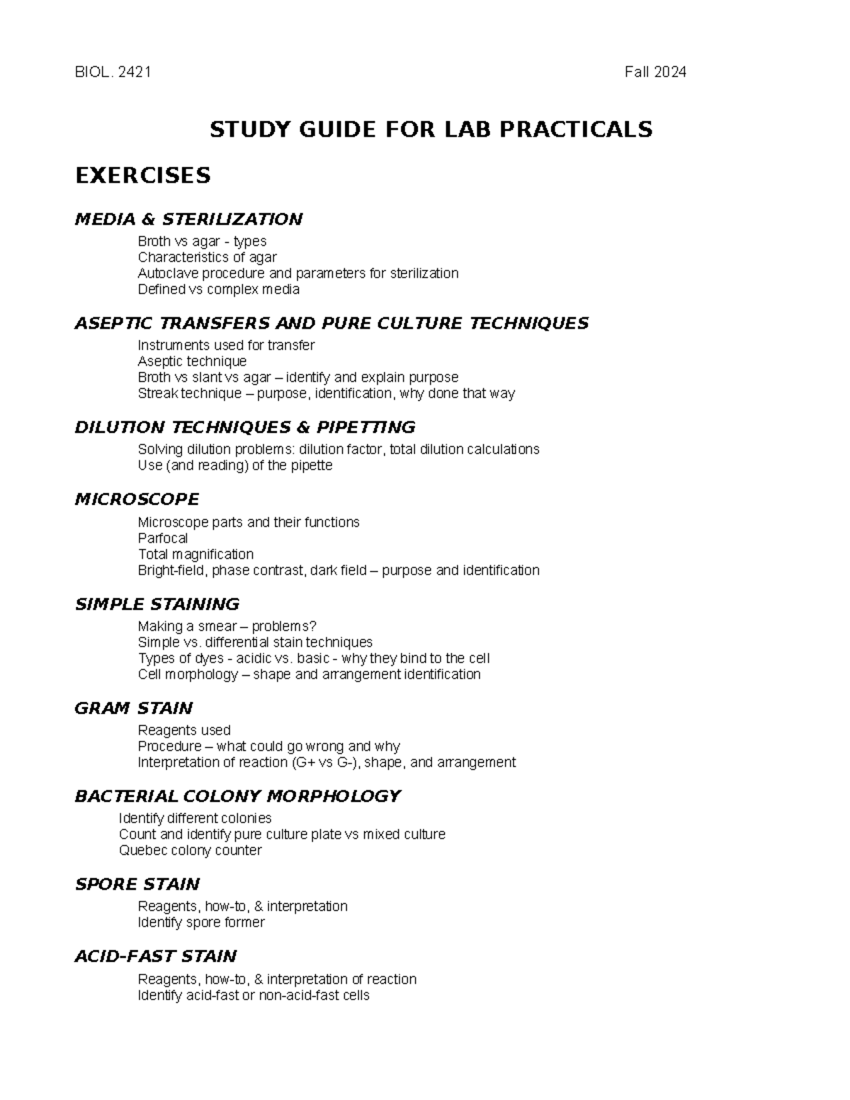 Study Guide for BIOL 2421 Lab Practical – Fall 2024 - STUDY GUIDE FOR ...