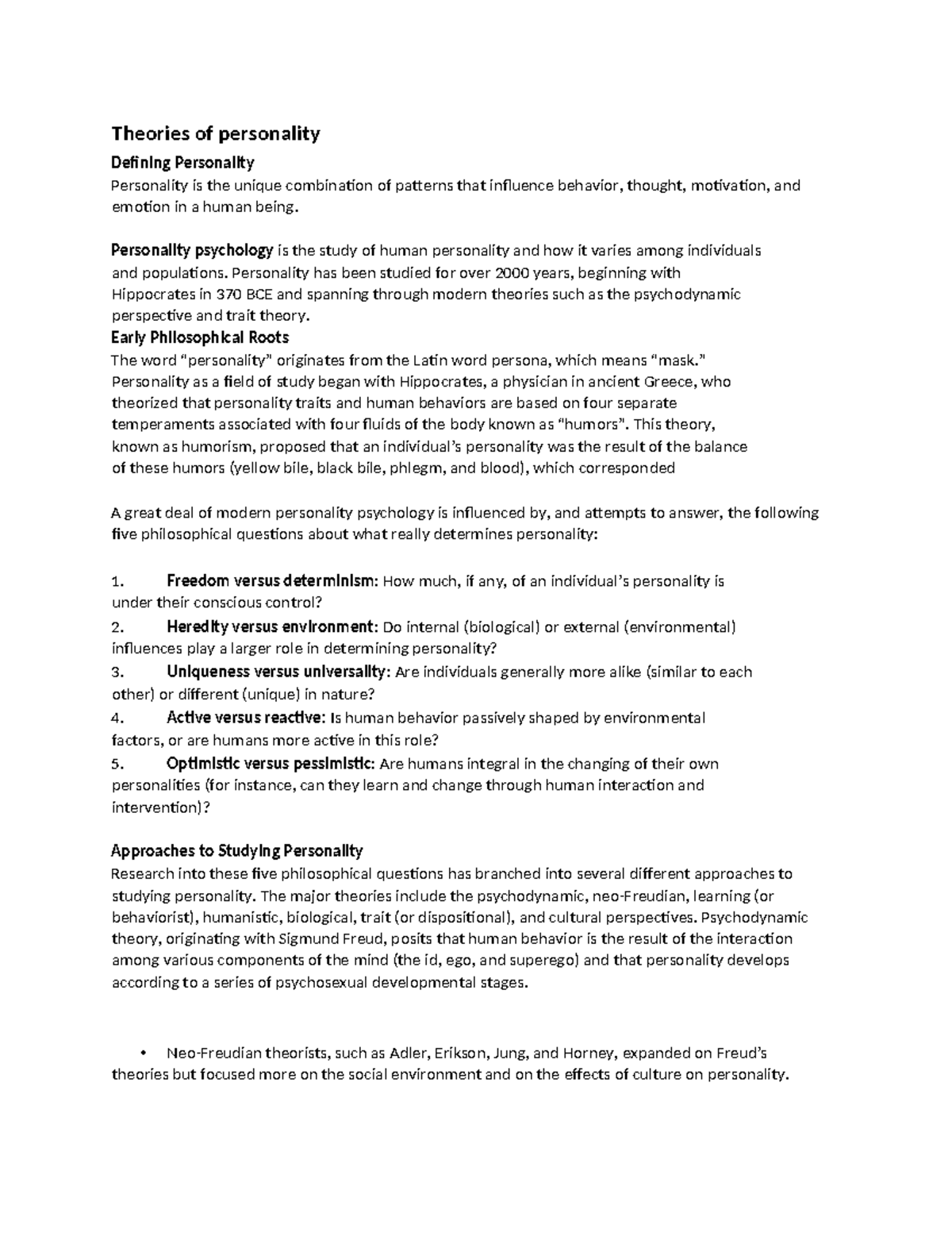Psychology Reviewer 5: Theories of Personality and Key Concepts - Studocu