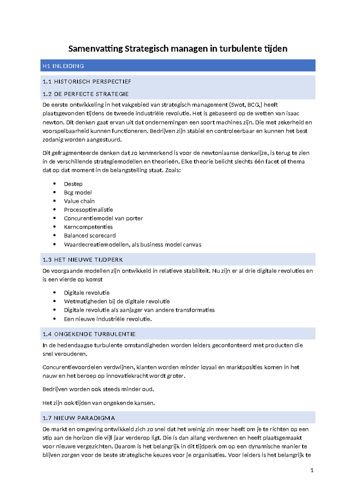 Samenvatting Strategisch Management in Turbulente Tijden H1-H2 ...