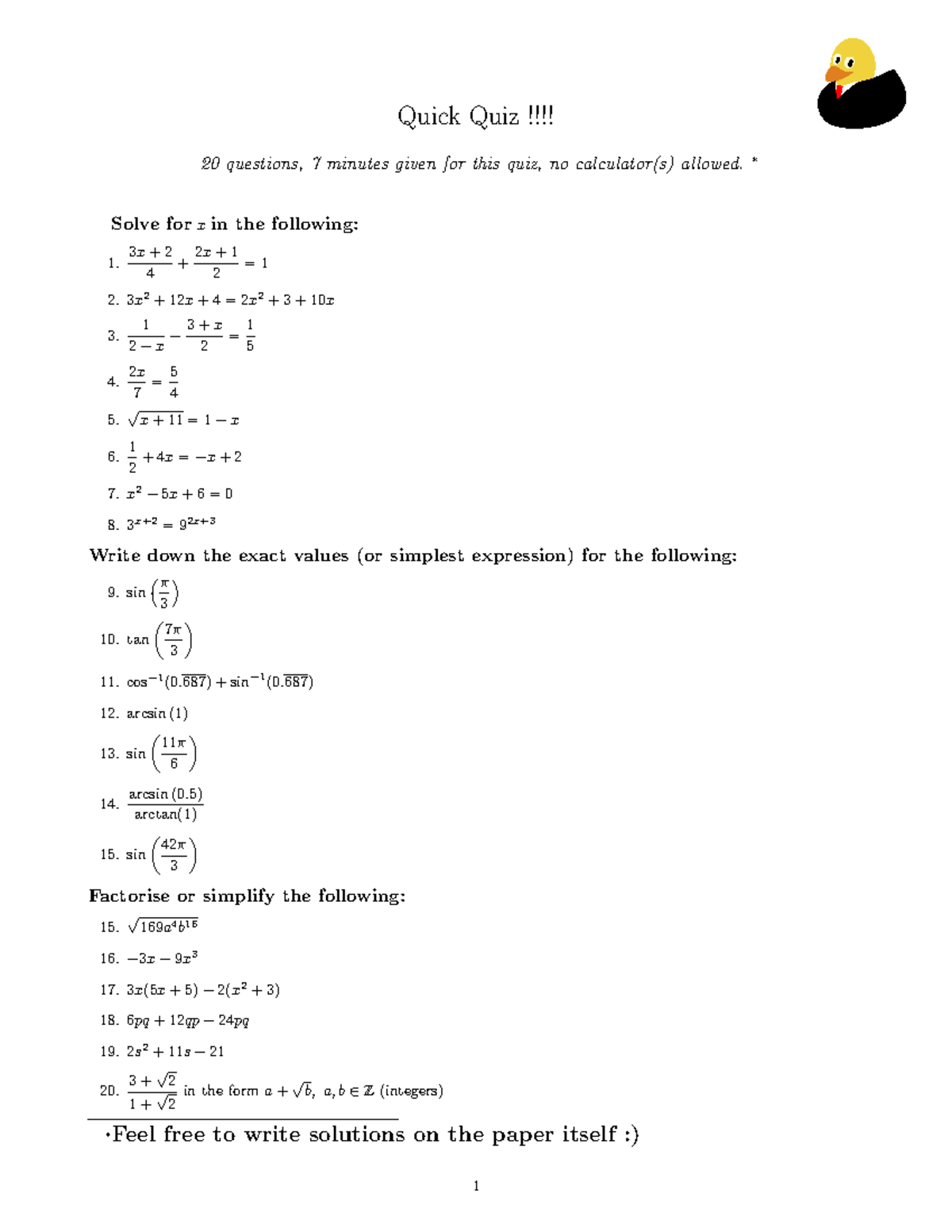 Quick quiz-1 - quiz for goobers - Quick Quiz !!!! 20 questions, 7 ...