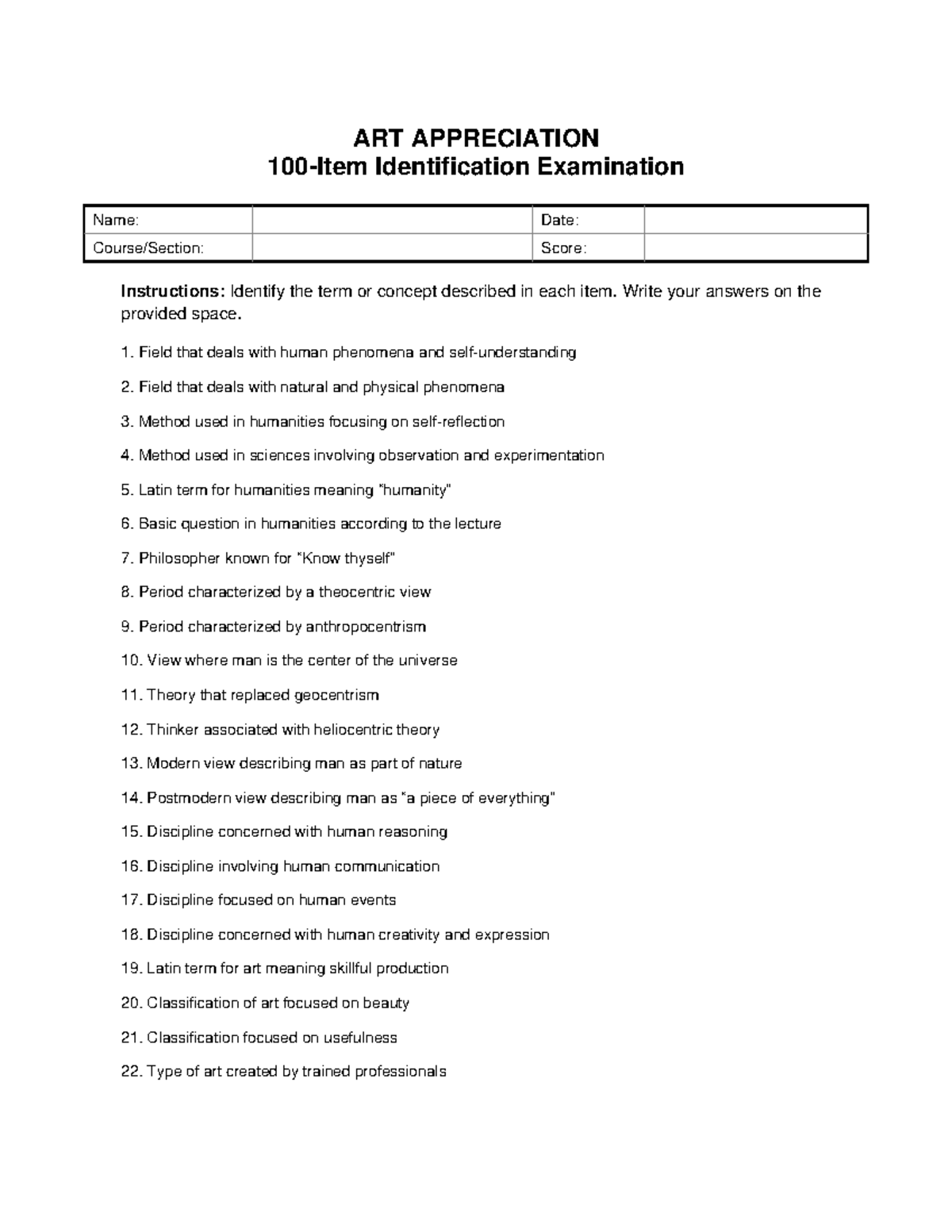 ART APPRECIATION Identification Exam (Course Code: ART101) - Studocu