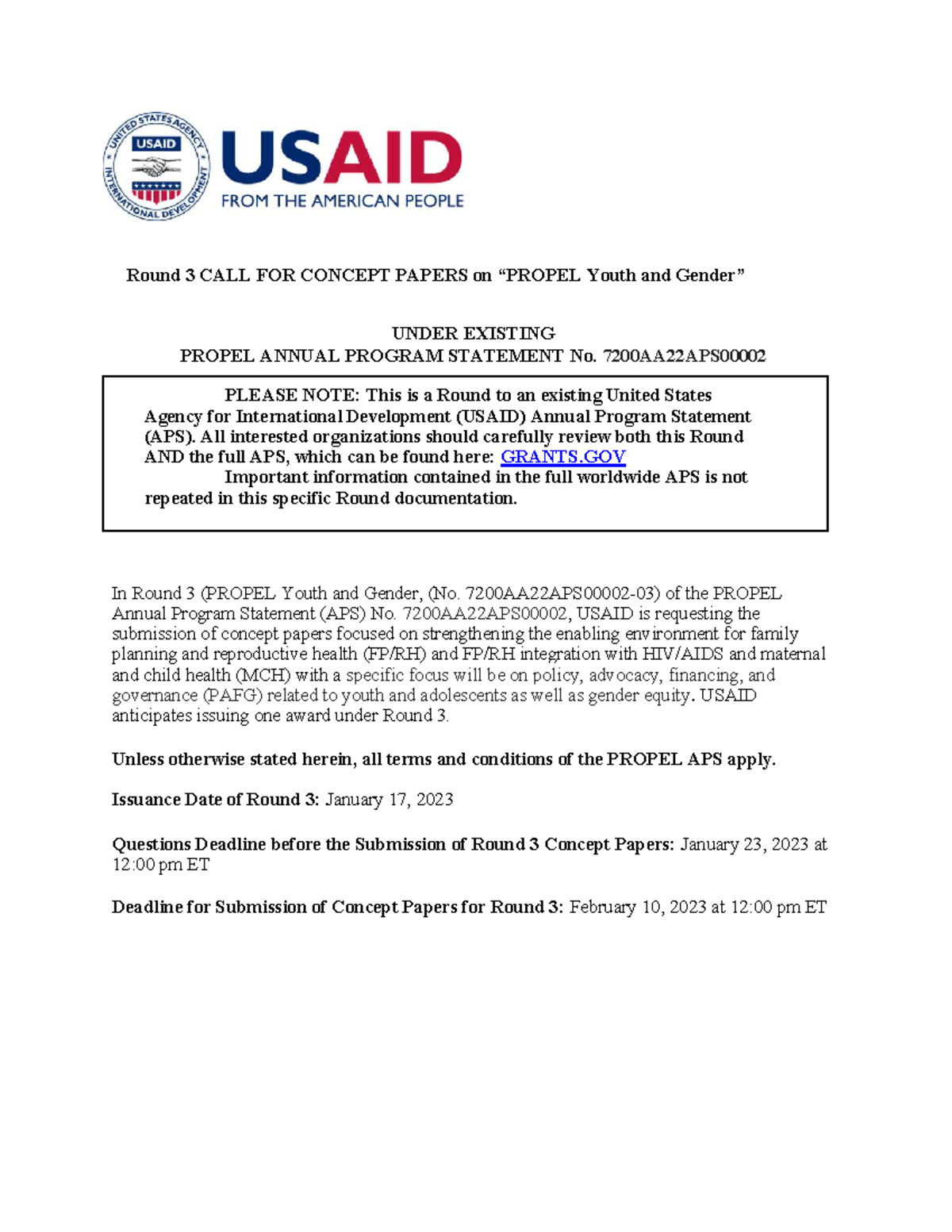 PROPEL Youth and Gender Round 3 Concept Papers Submission Guide (APS No.  7200AA22APS) - Studocu