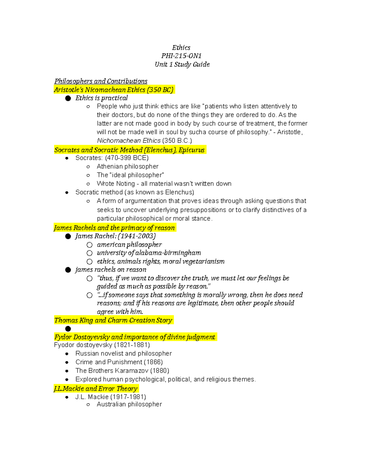PHI-215-ON Unit 1 Study Guide: Introduction to Ethics and Key ...