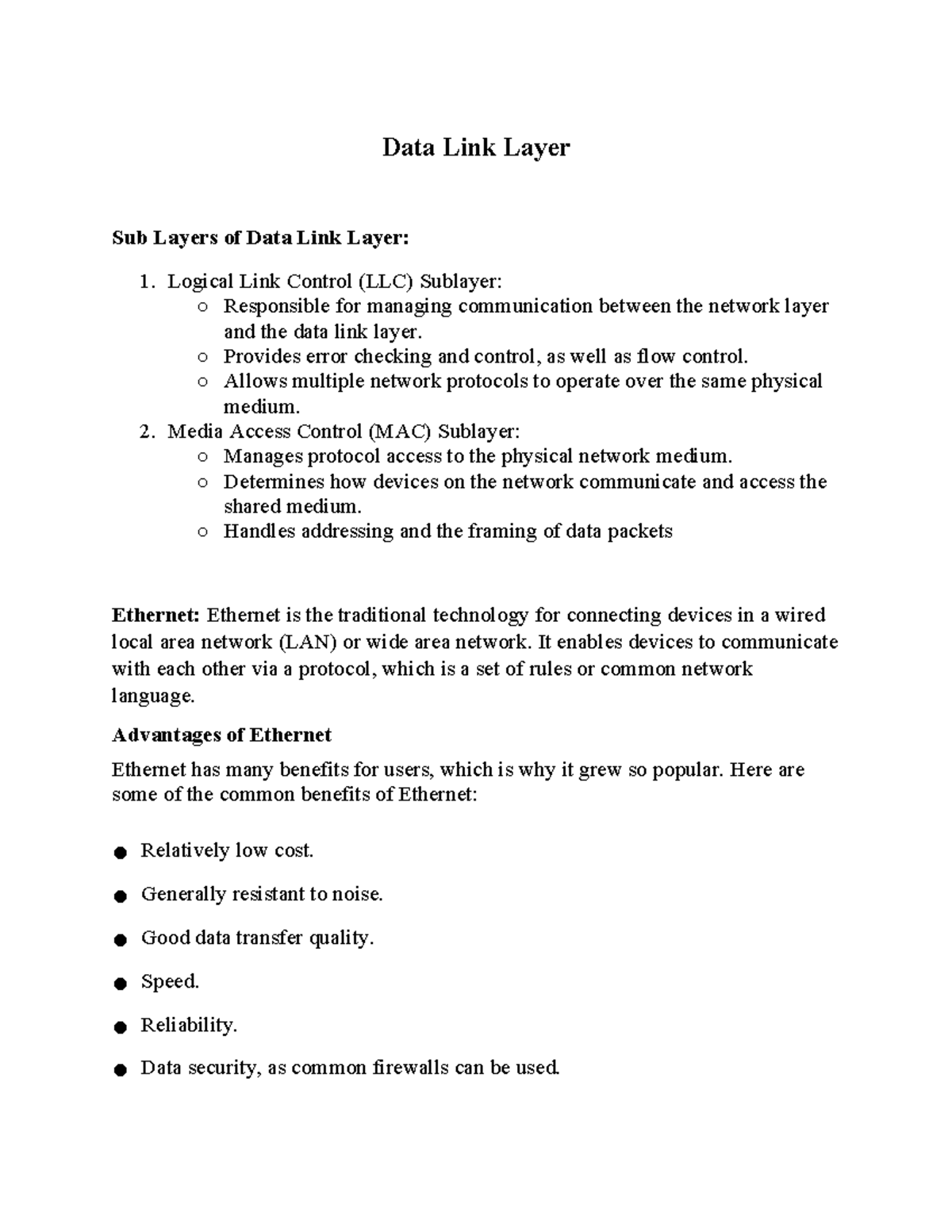 Data Link Layer: LLC & MAC Sublayers Overview - Lab Report - Studocu