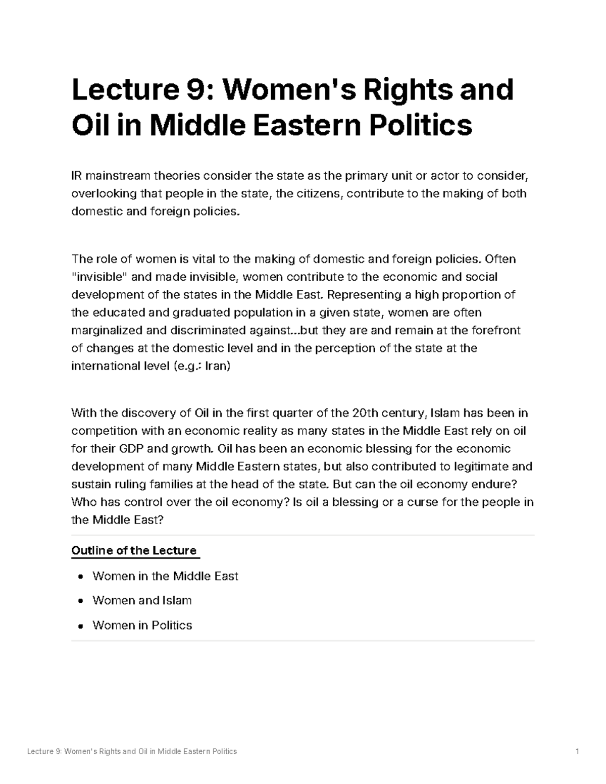 Lecture 9: Women's Rights and Oil in Middle Eastern Politics Analysis ...