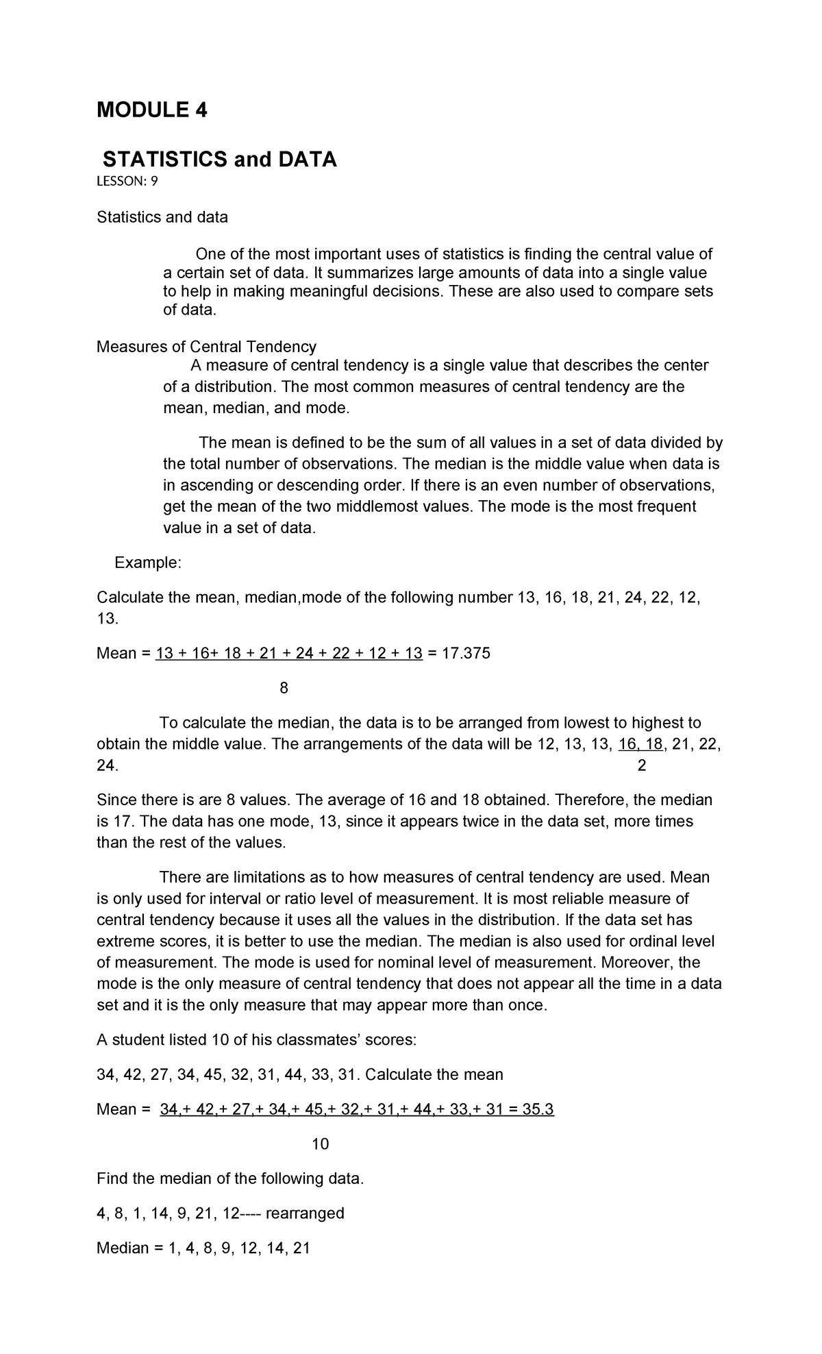 MMW-L9 100610 - mathematics in modern world - MODULE 4 STATISTICS and ...