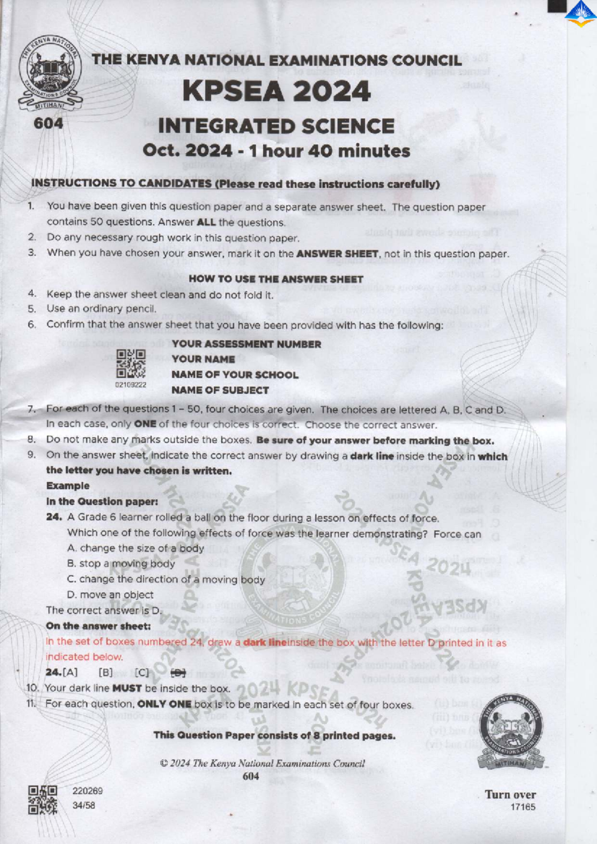 KPSEA 2024 Integrated Science Exam Paper - Instructions & Questions ...