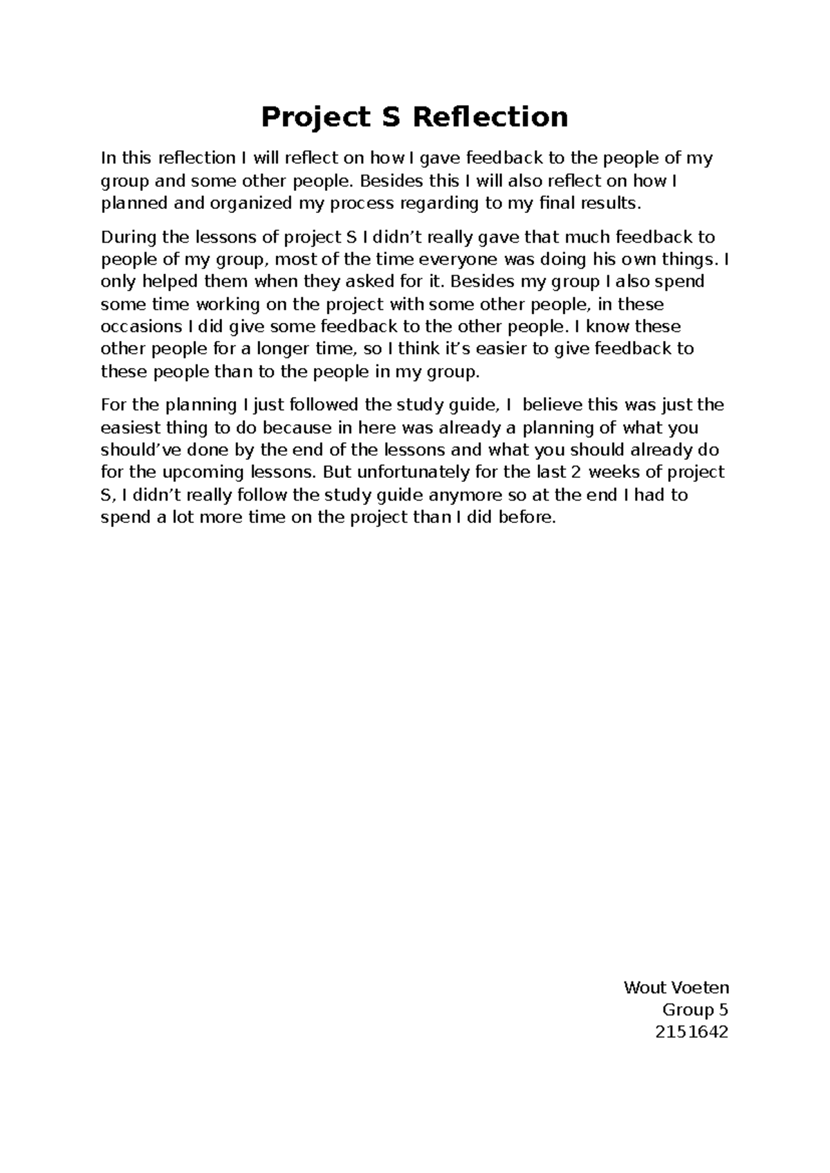 Reflection Project S: Feedback and Process Organization Insights ...