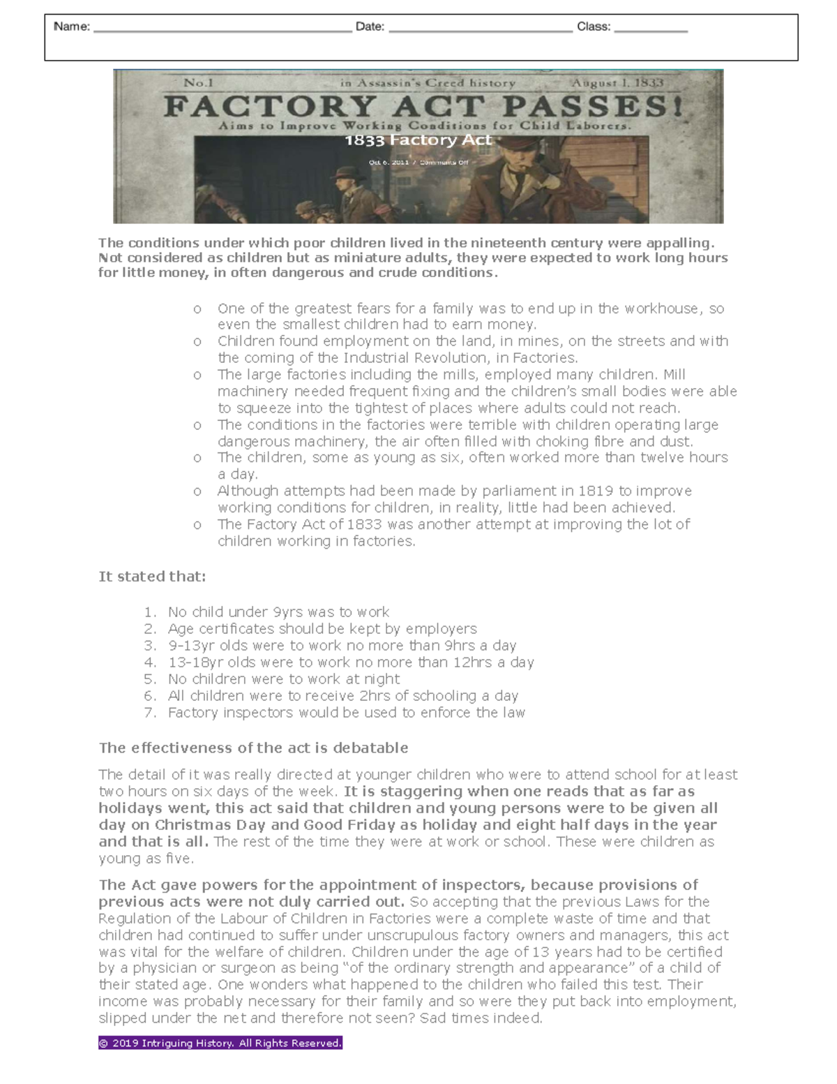 Factory Act of 1833: Child Labor Conditions in 19th Century - Studocu