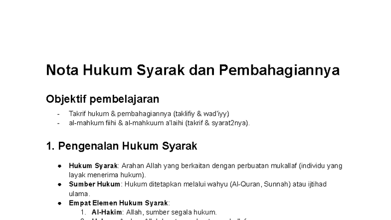 Nota Hukum Syarak dan Pembahagiannya: Pemahaman dan Jenis Hukum - Studocu