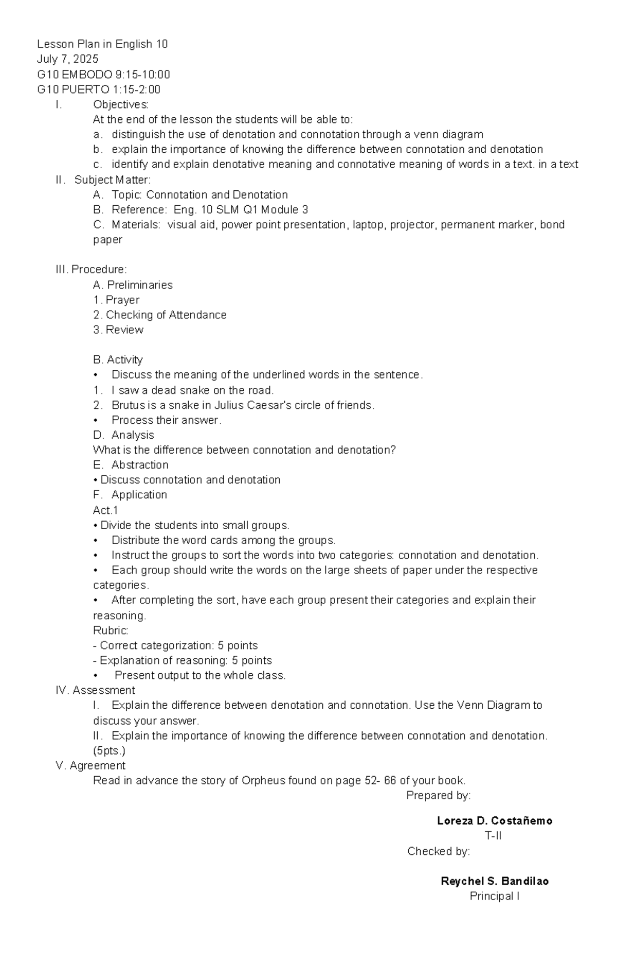 Lesson Plan: Connotation & Denotation - Eng 10 (July 7, 2025) - Studocu