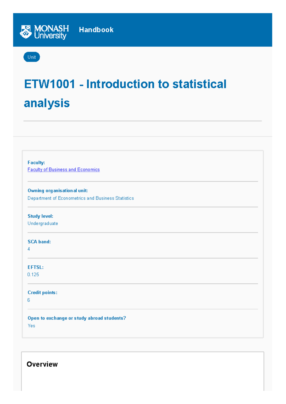 ETW1001 - Statistical Analysis Overview and Learning Outcomes - Monash ...