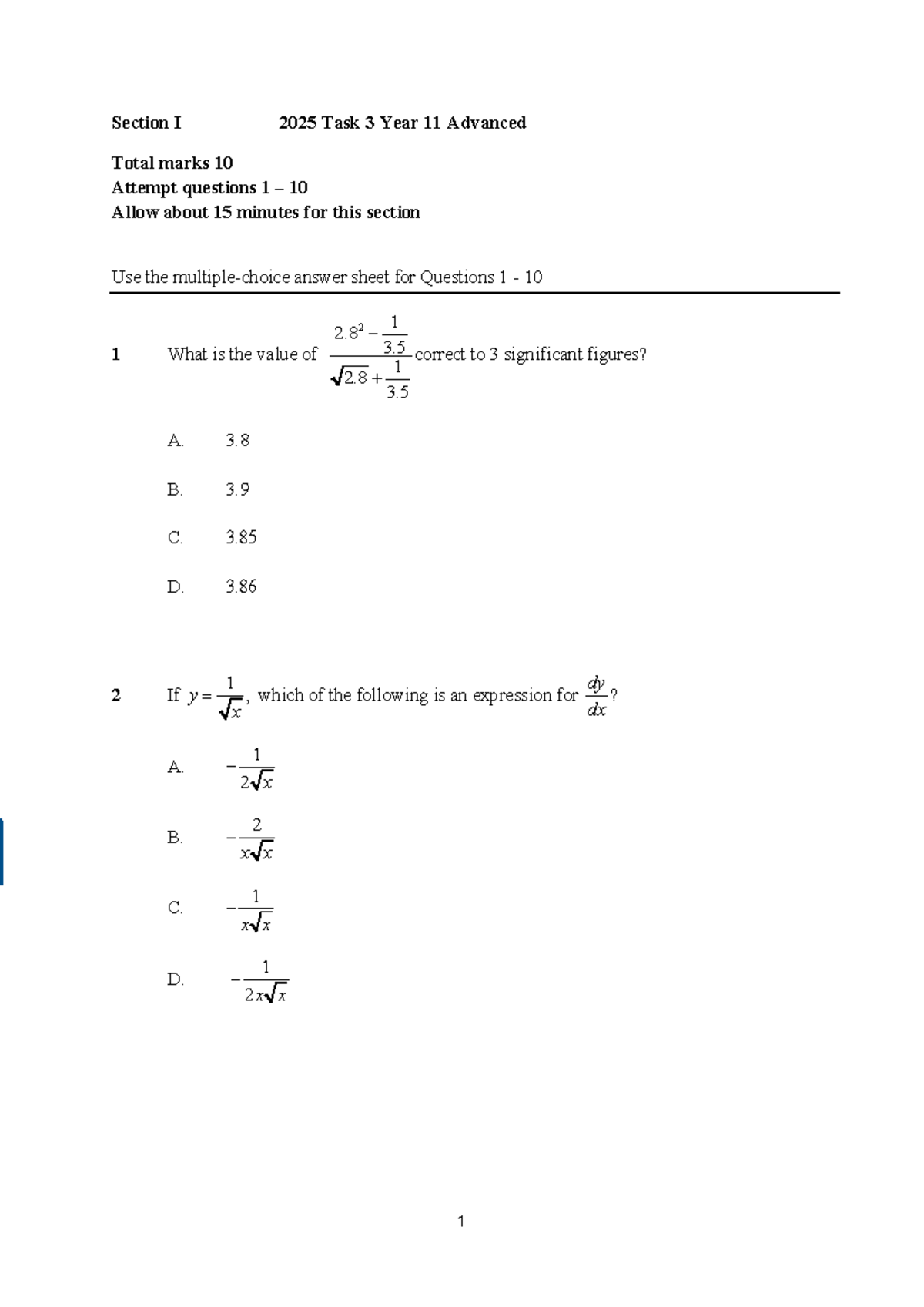 2025 Year 11 Advanced Math Task 3 Solutions - Studocu