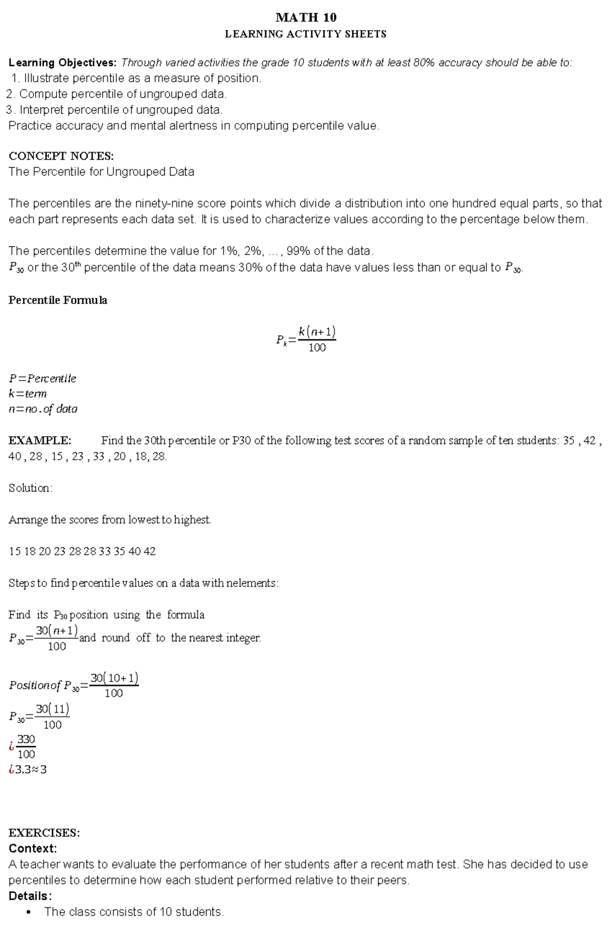 MATH 10 LEARNING ACTIVITY SHEETS: Understanding Percentiles - Studocu