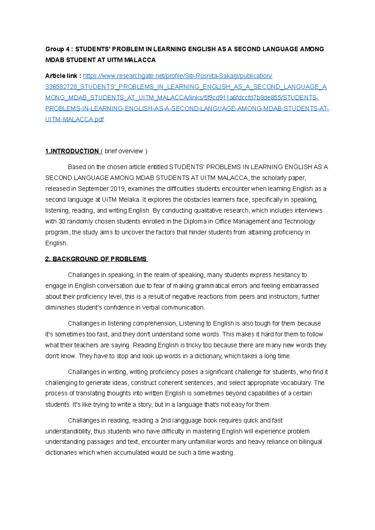 Group 1 Students' Problem IN Learning English AS A Second Language ...