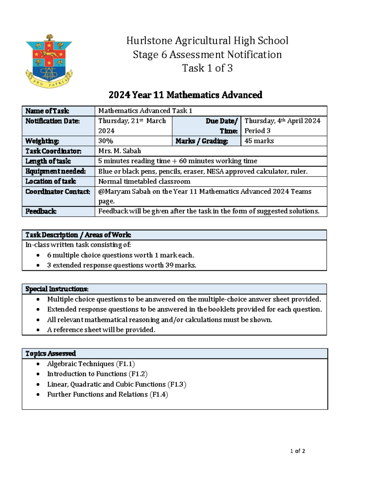2024 Year 11 Mathematics Advanced Assessment Task 1 Notification ...
