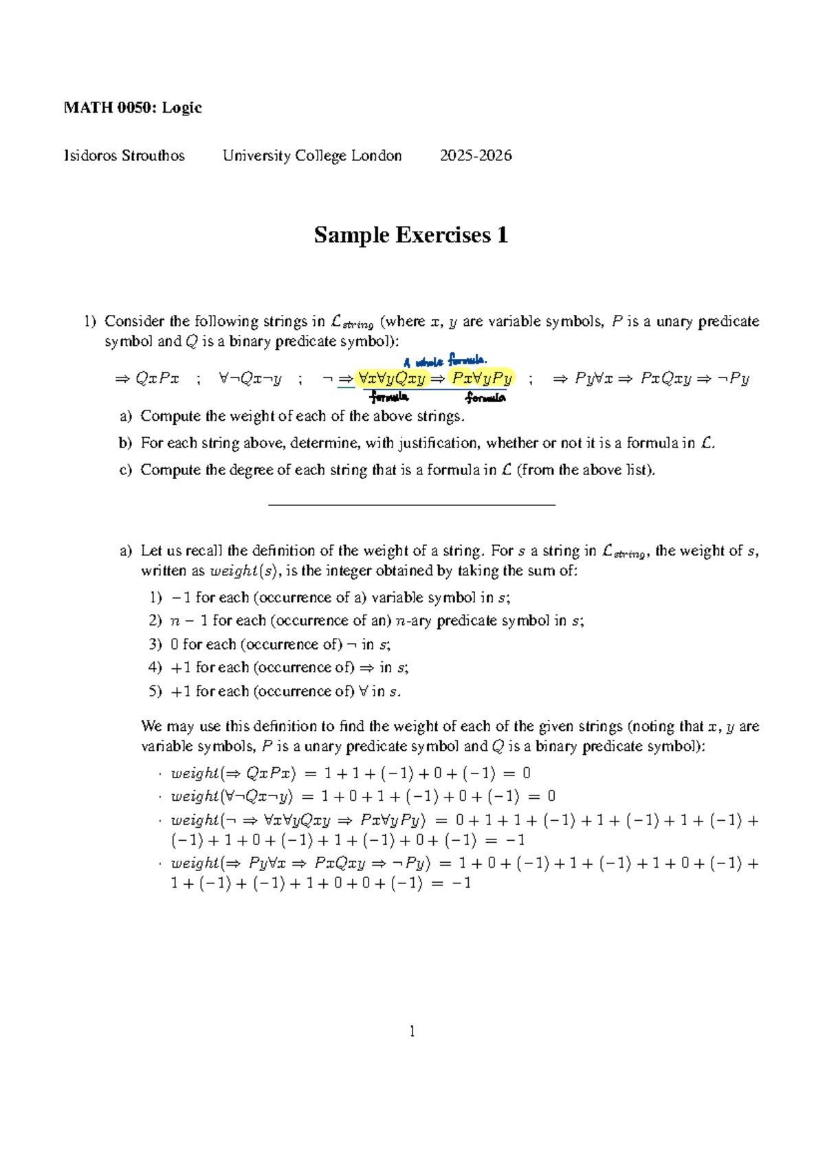 MATH 0050: Logic Sample Exercises on Formulae and Weights - Studocu