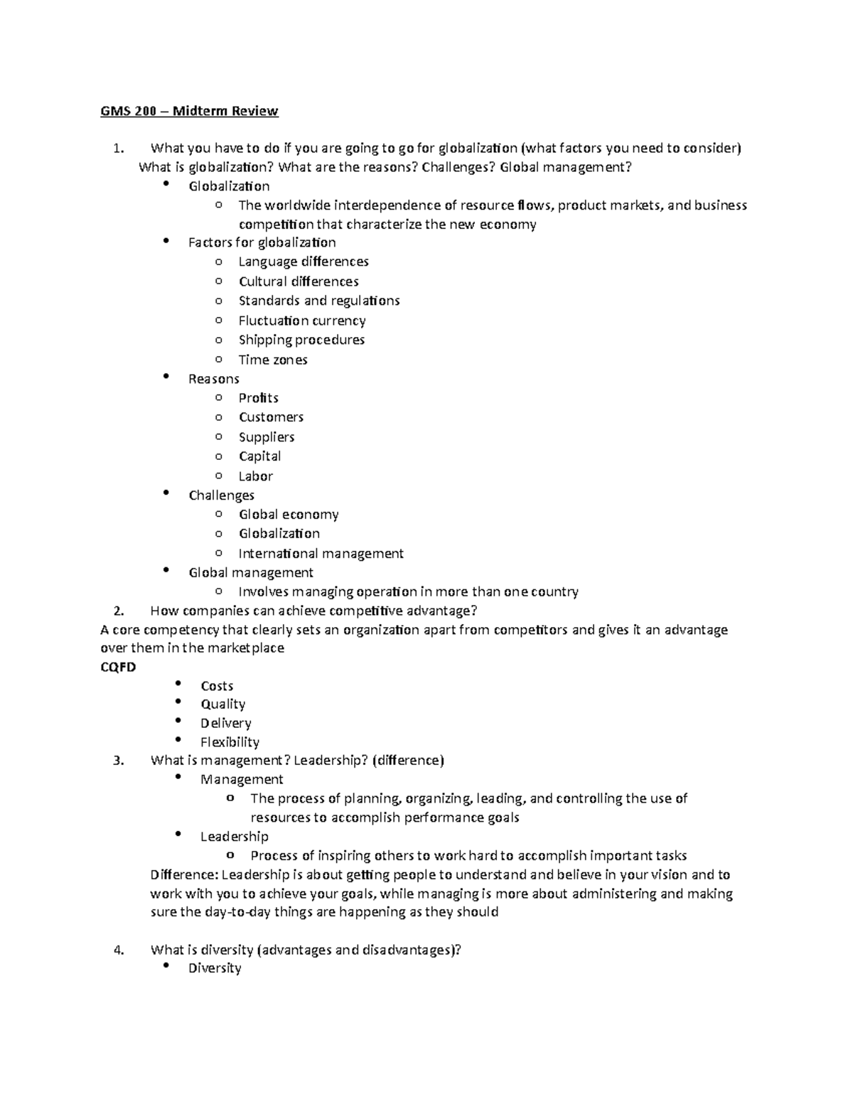 GMS 200 Midterm Review: Key Concepts in Global Management - Studocu