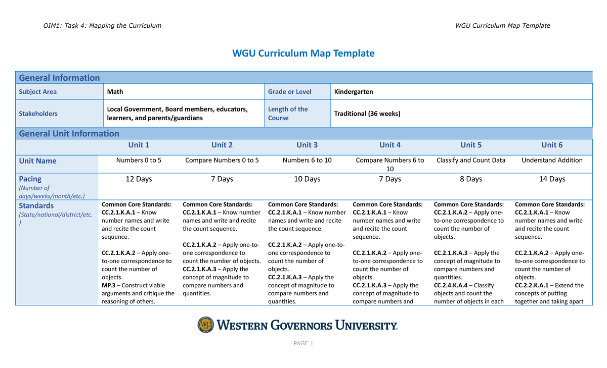 D183 Task 4 - WGU Curriculum Map for Kindergarten Math Units - Studocu