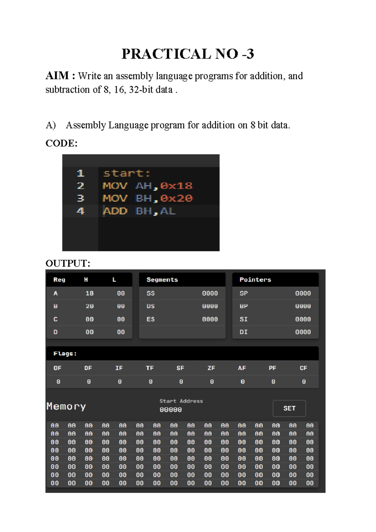 BTECH Practical No - 3: Assembly Lang Programs for Addition ...