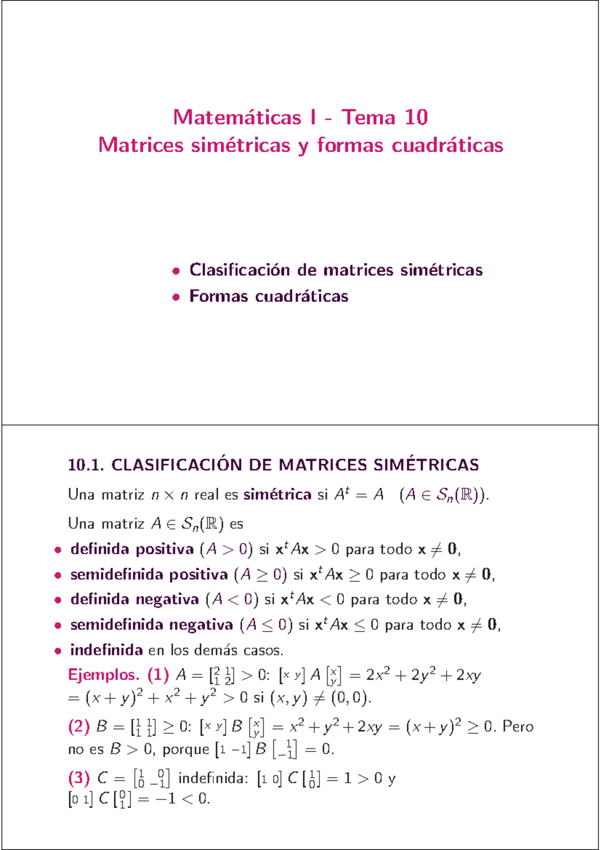Tema 10: Matrices y Formas - Notas de Clase (Mat I) - Studocu