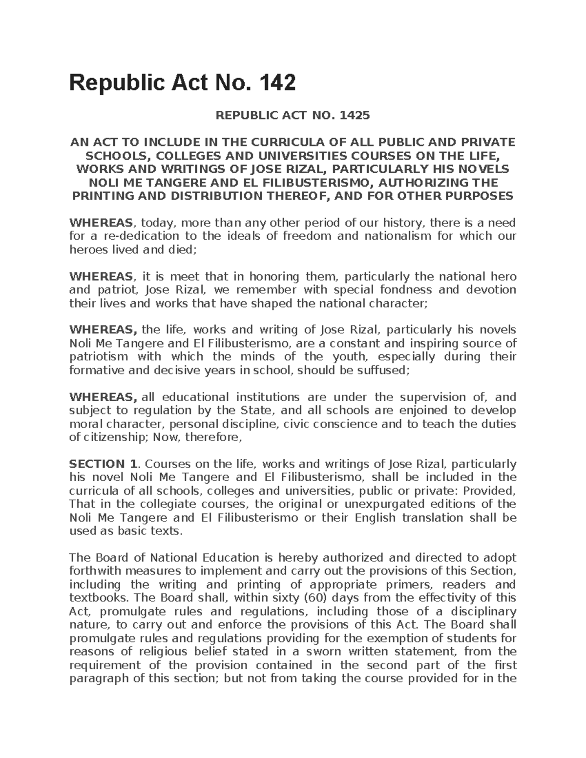 RA 1425 - RA 1425/RIZAL BILL - Republic Act No. 142 REPUBLIC ACT NO ...