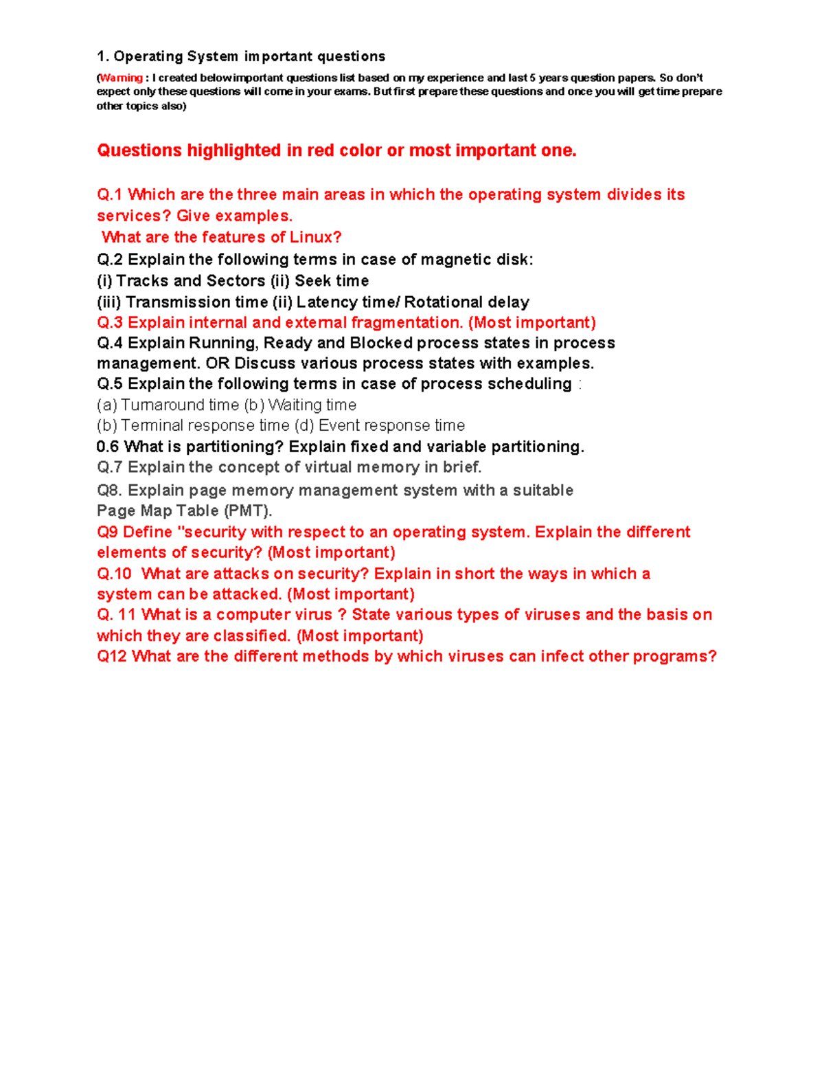 Operating System IMP Questions for Exam Preparation - Studocu