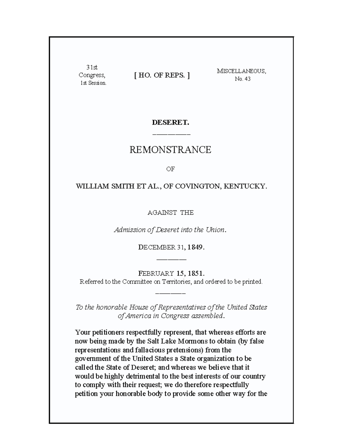 William Smith's Remonstrance Against Deseret Admission (Misc. No. 43 ...