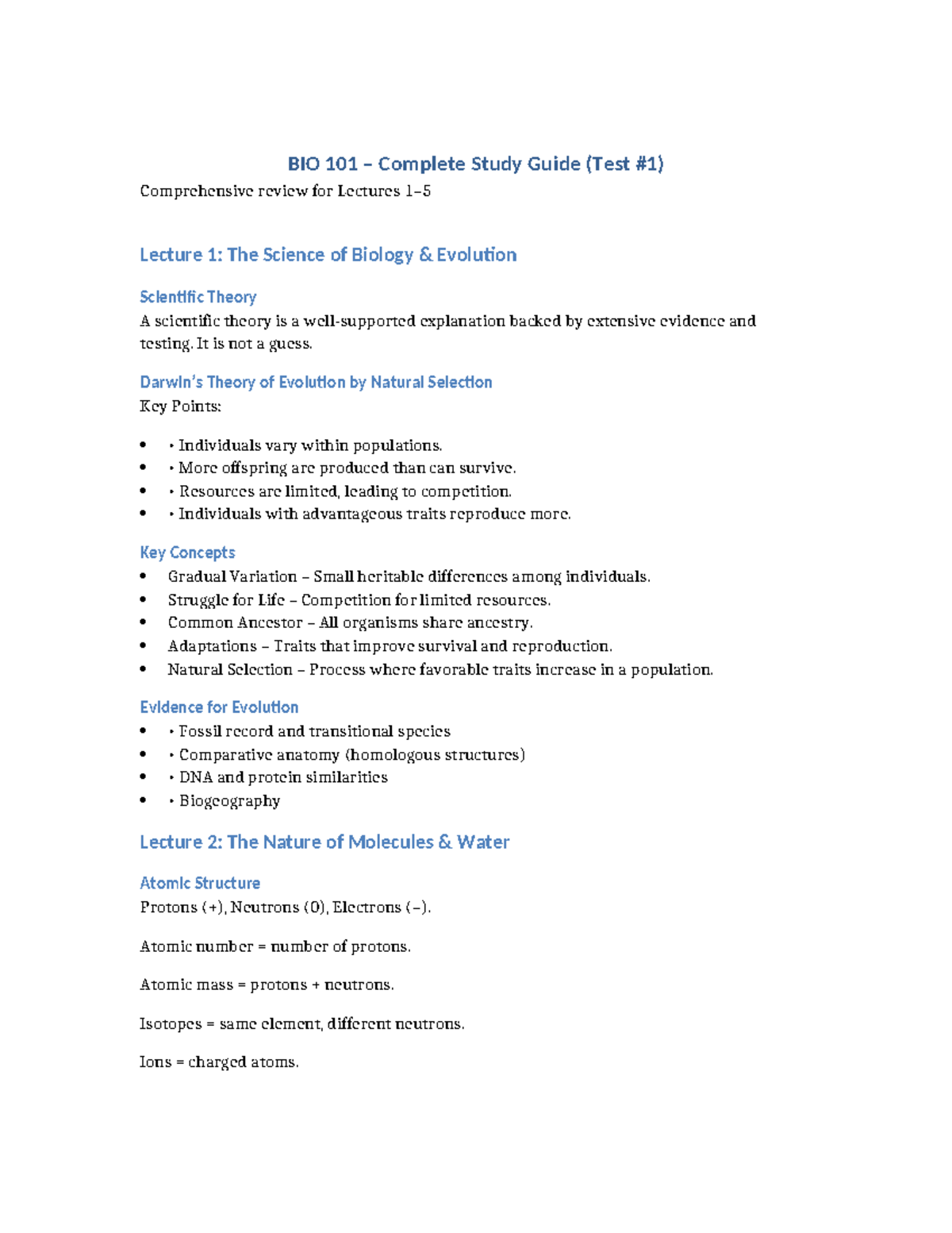 BIO 101 Complete Study Guide: Test 1 Review for Lectures - Studocu