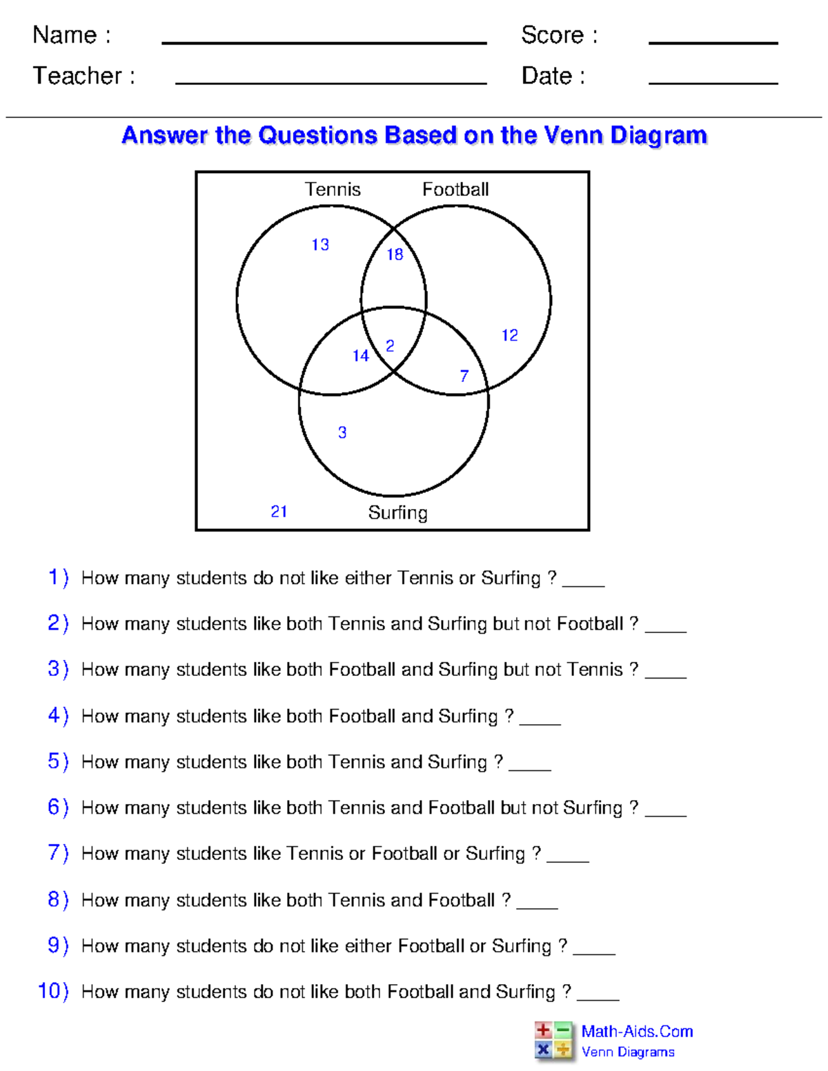 Venn Diagram Analysis Questions - Activity Sheet MAT7 - Studocu