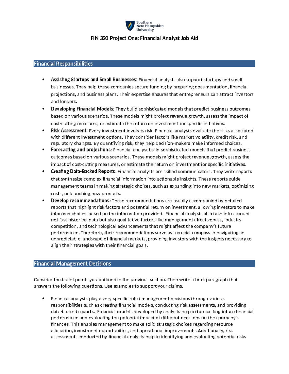 FIN 320 Project One: Financial Analyst Responsibilities & Insights ...
