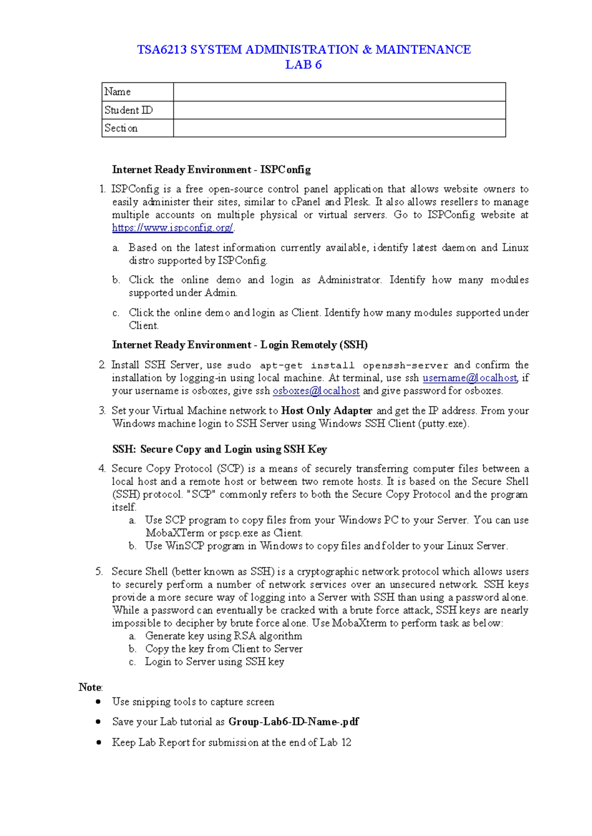TSA6213 System Administration Lab 6: ISPConfig & SSH Setup Guide - Studocu