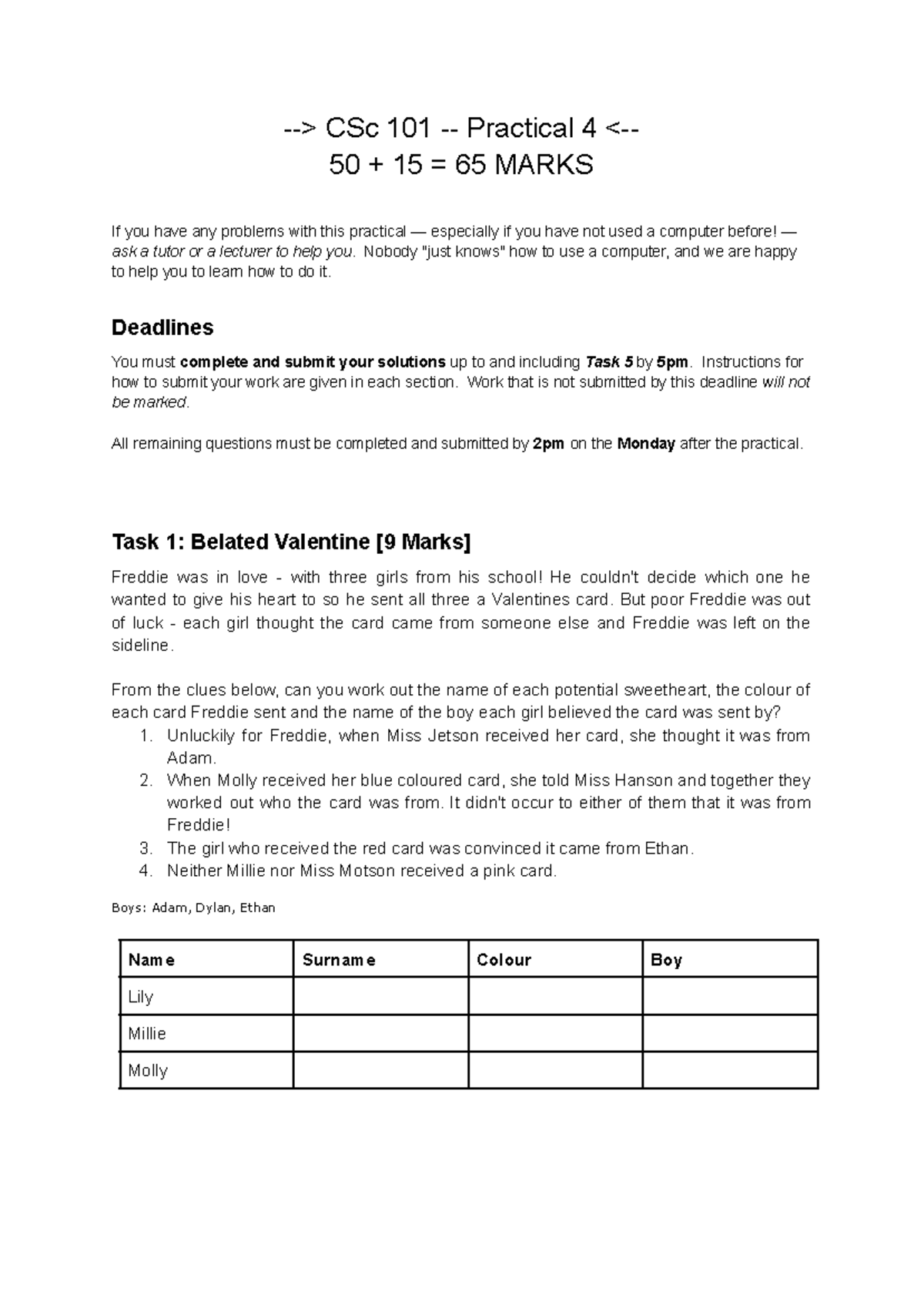 CSc 101 - Practical 4: Computer Programming Tasks and Instructions ...