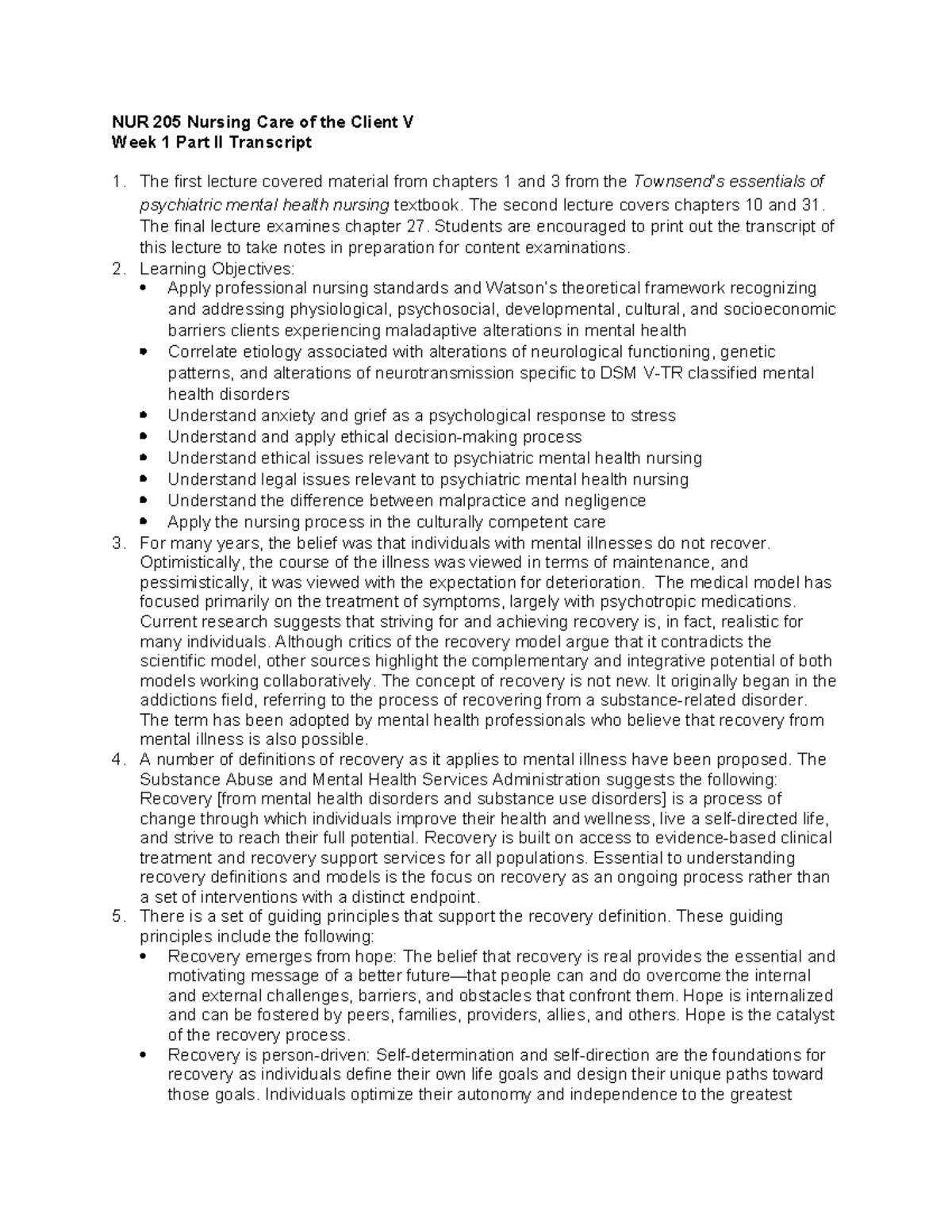 NUR 205 Nursing Care of the Client V Week 1 Lecture Notes and ...