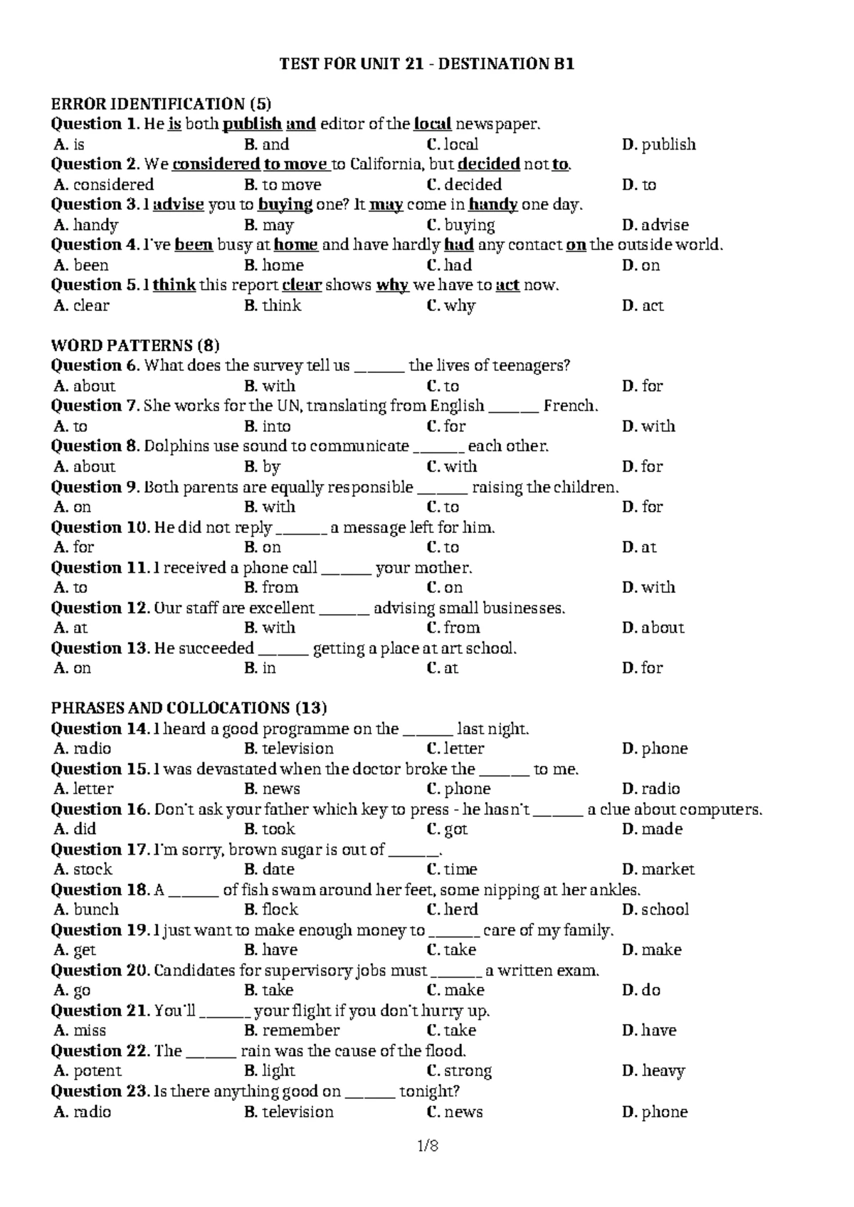 TEST UNIT 12 DESTINATION B1 ERROR IDENTIFICATION QUESTIONS - Studocu