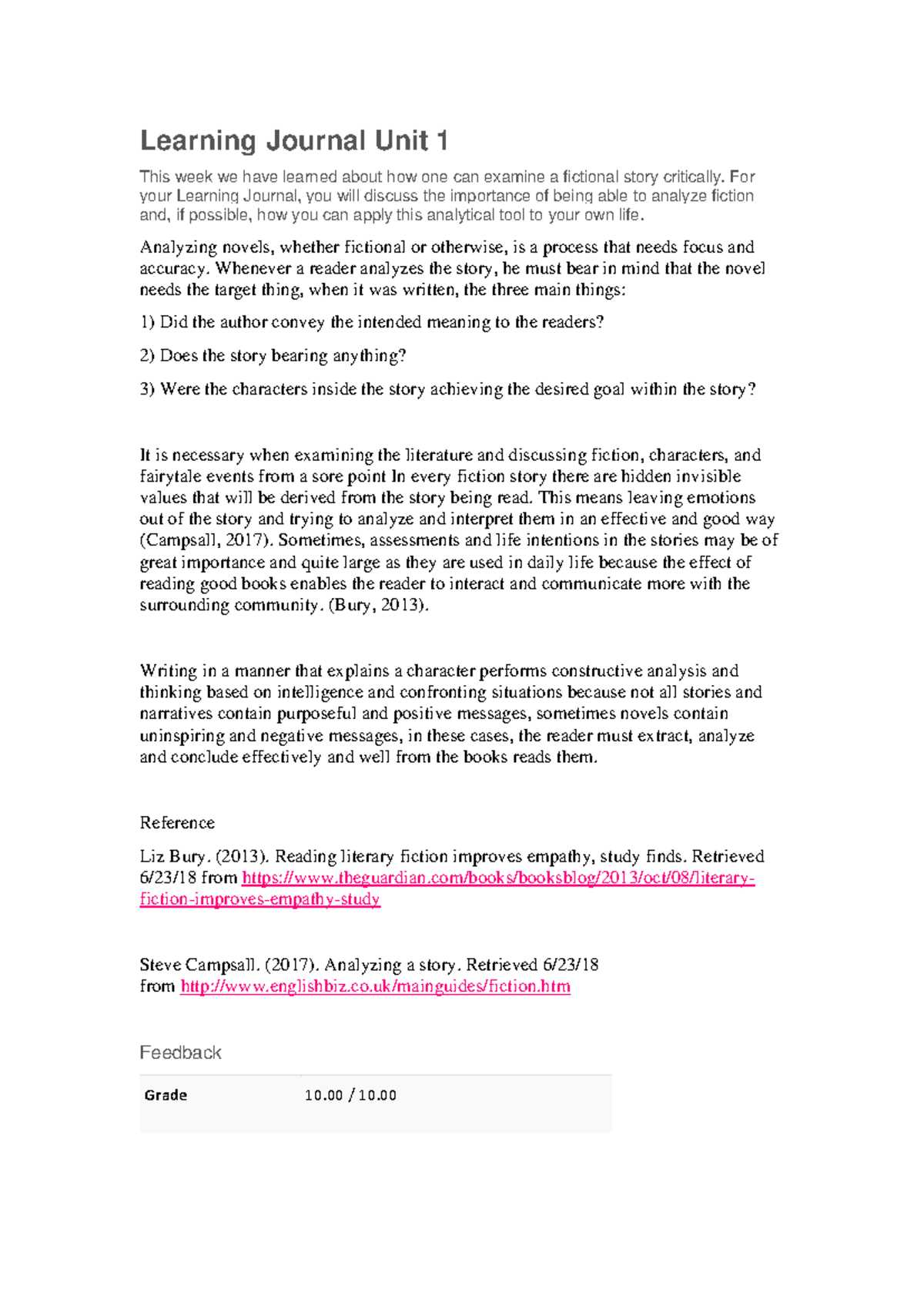 Learning Journal: Analyzing Fiction in World Literature Unit 1 - Studocu