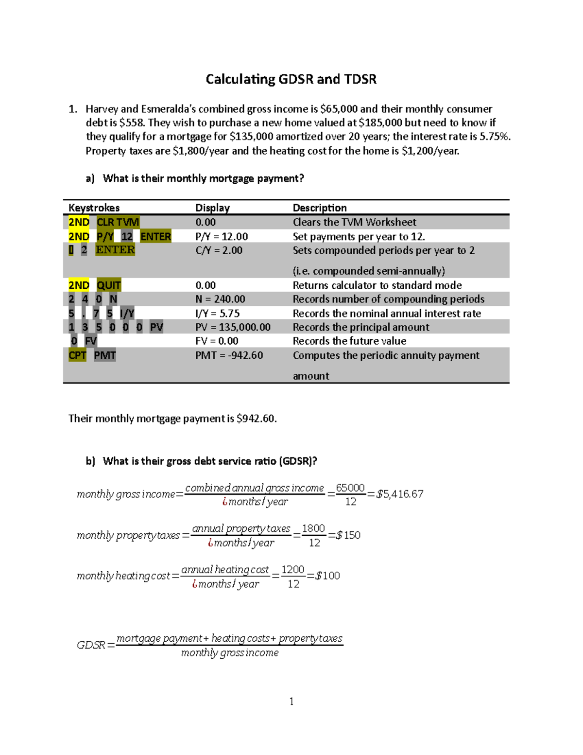 GDSR and TDSR Mortgage Calculations: Solutions and Examples - Studocu