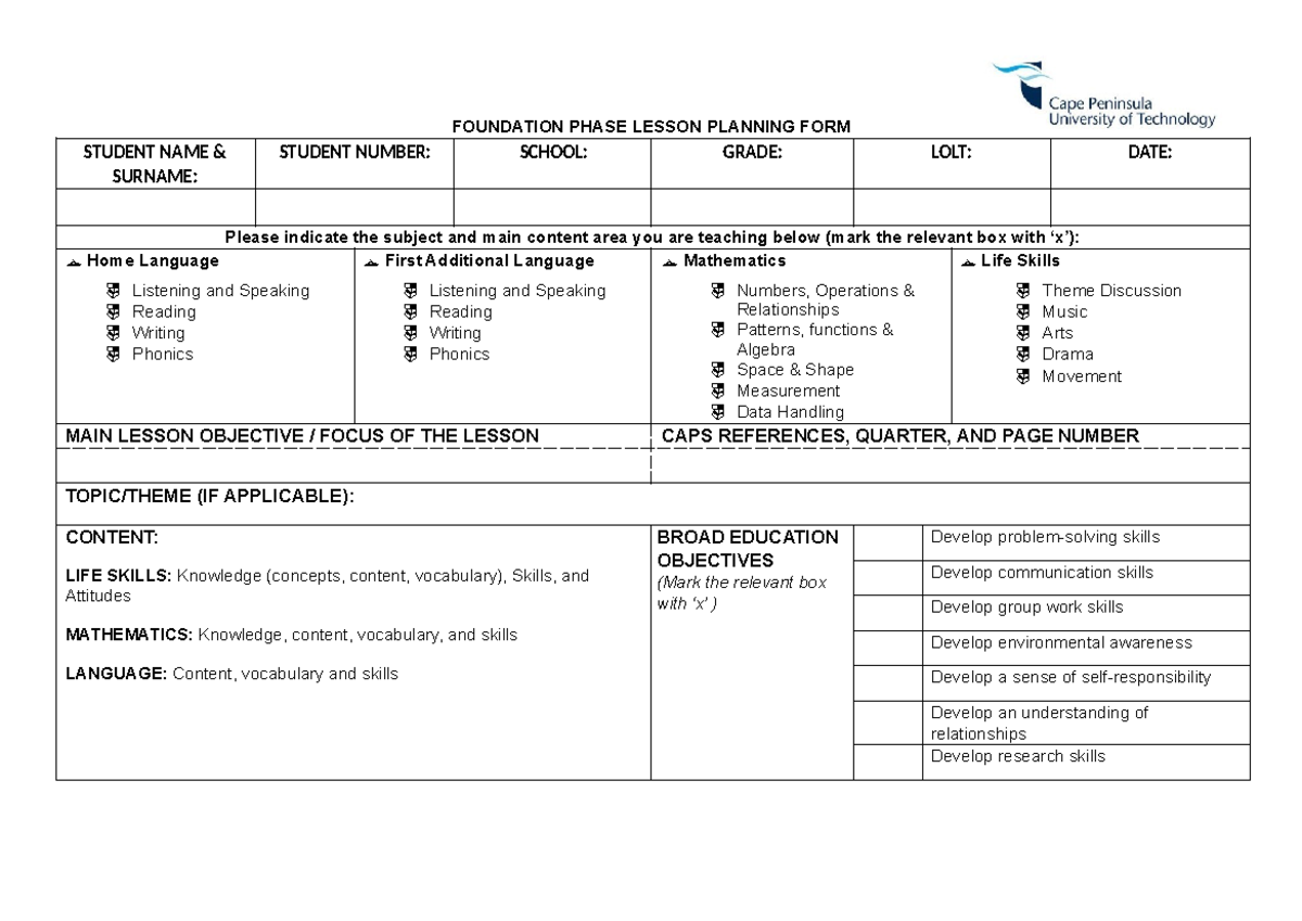 FOUNDATION PHASE LESSON PLAN FORM - 2026 Notes - Studocu