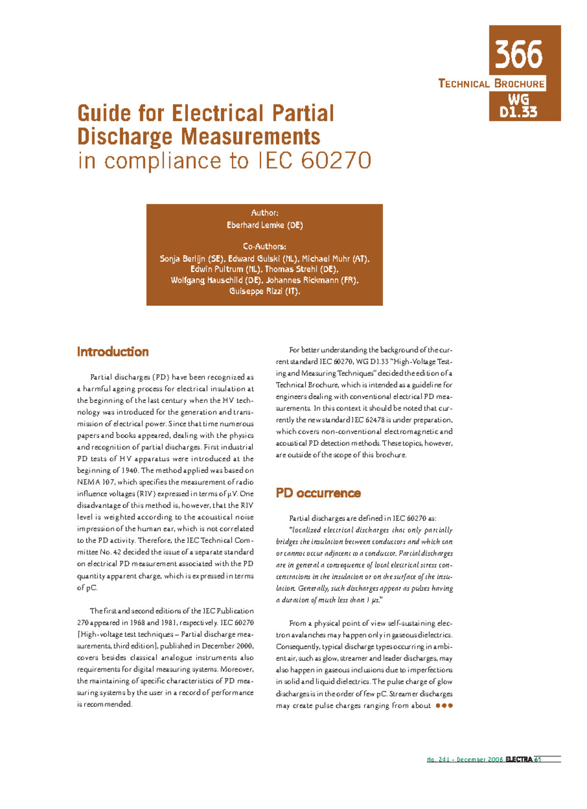 Guide for Electrical Partial Discharge Measurements (366 WG D1.33 ...