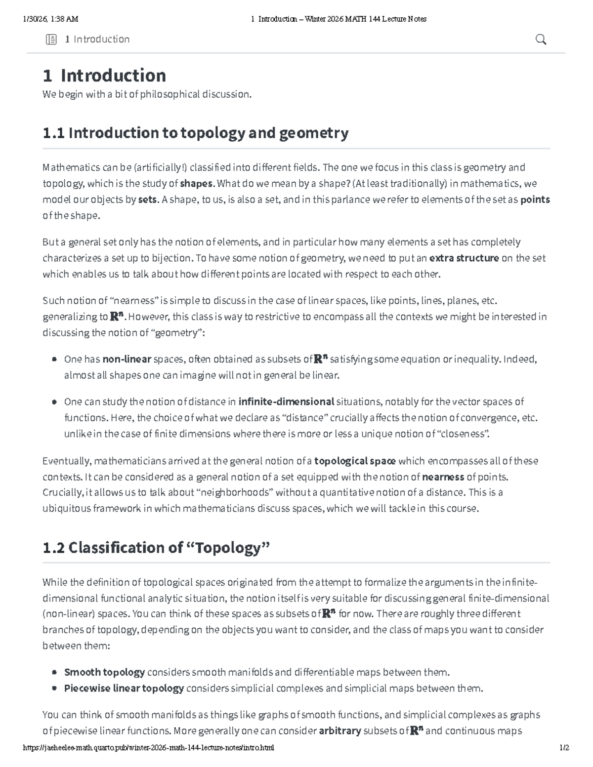 MATH 144 Winter 2026 Lecture Notes: Introduction to Topology and ...
