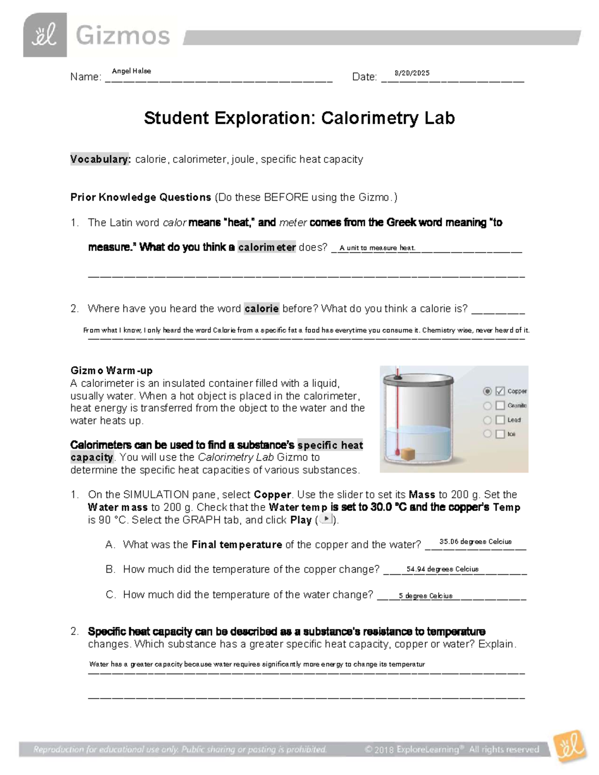 Kami Export - Angel Halse - Calorimetry Lab (Gizmo) Report - Studocu