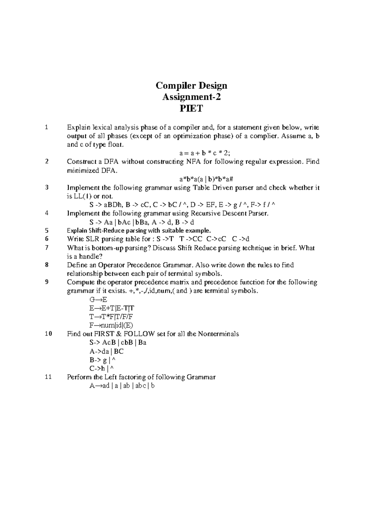 CD - Compiler Design Assignment 2 Questions and Tasks - Studocu
